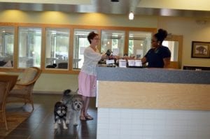 Owner and pets at the reception desk